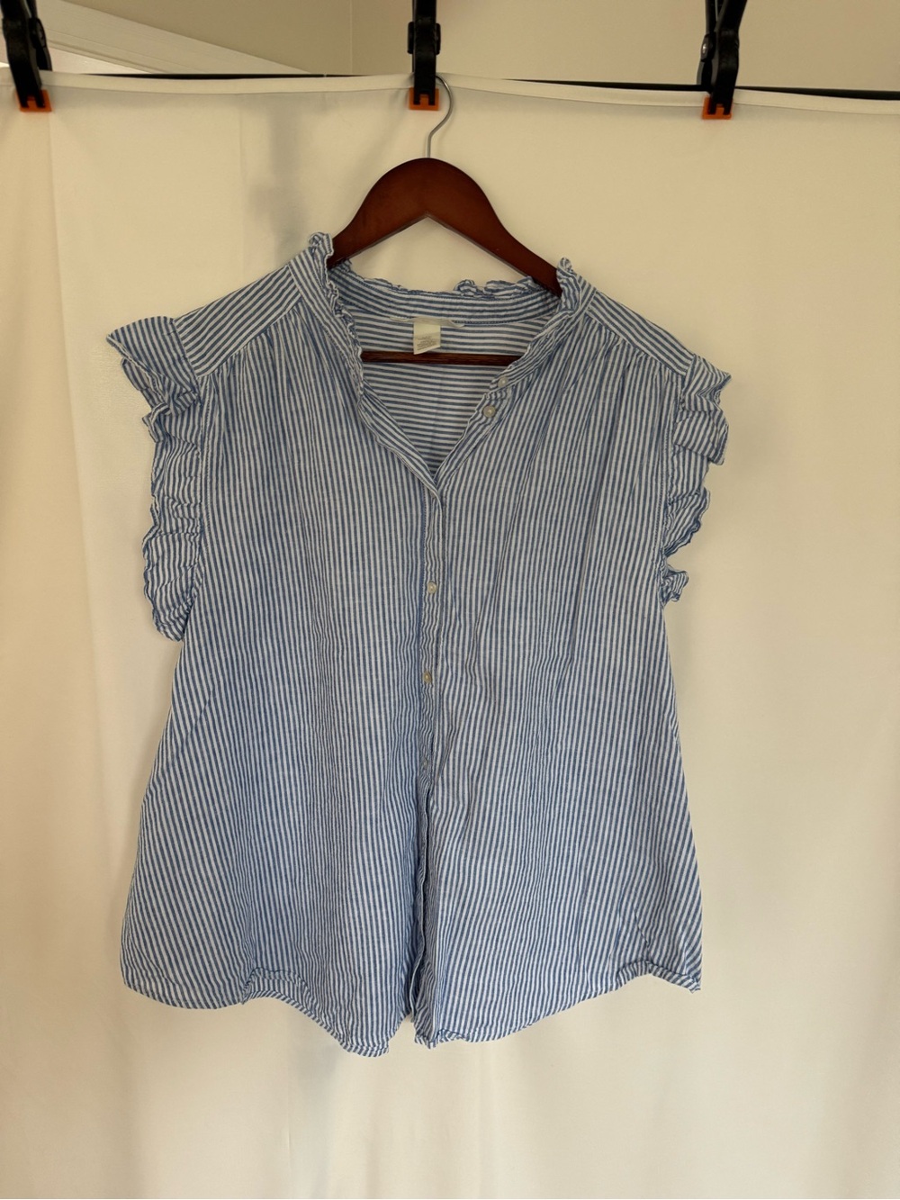 H&M Light Blue and White Striped Ruffle Sleeve Button-Up Top